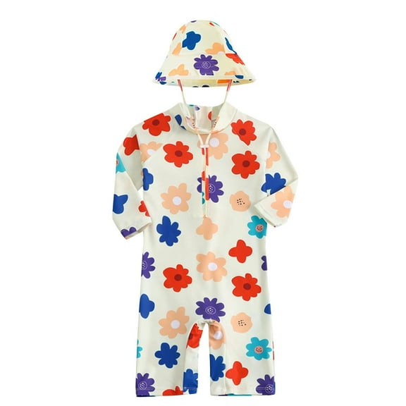Baby Cute One-Piece Swimsuits with Hat Boys Girls Rash Guard Long Sleeve Swim Romper Floral Zipper Bathing Suits, Beige, 9 Months