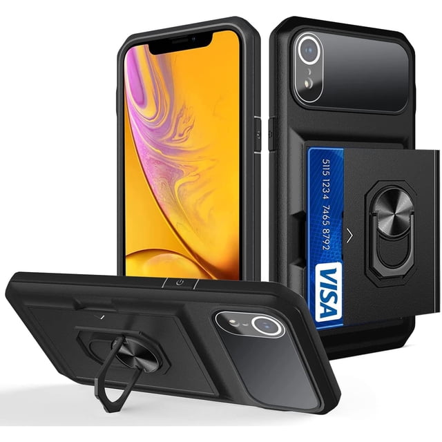AmPm iPhone XR Case Military Shockproof with Sliding Card Slot Magnet Rotatable Kickstand Ring Holder Protective iPhone XR Phone Case (Green)