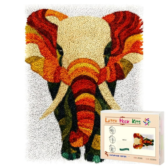Latch Hook Rug Kit Elephant Portrait Pre-printed Handmade Carpet Crochet Yarn Craft DIY Hook and Latch Door Mat Tapestry for Home Floor Decoration 52x38cm-3