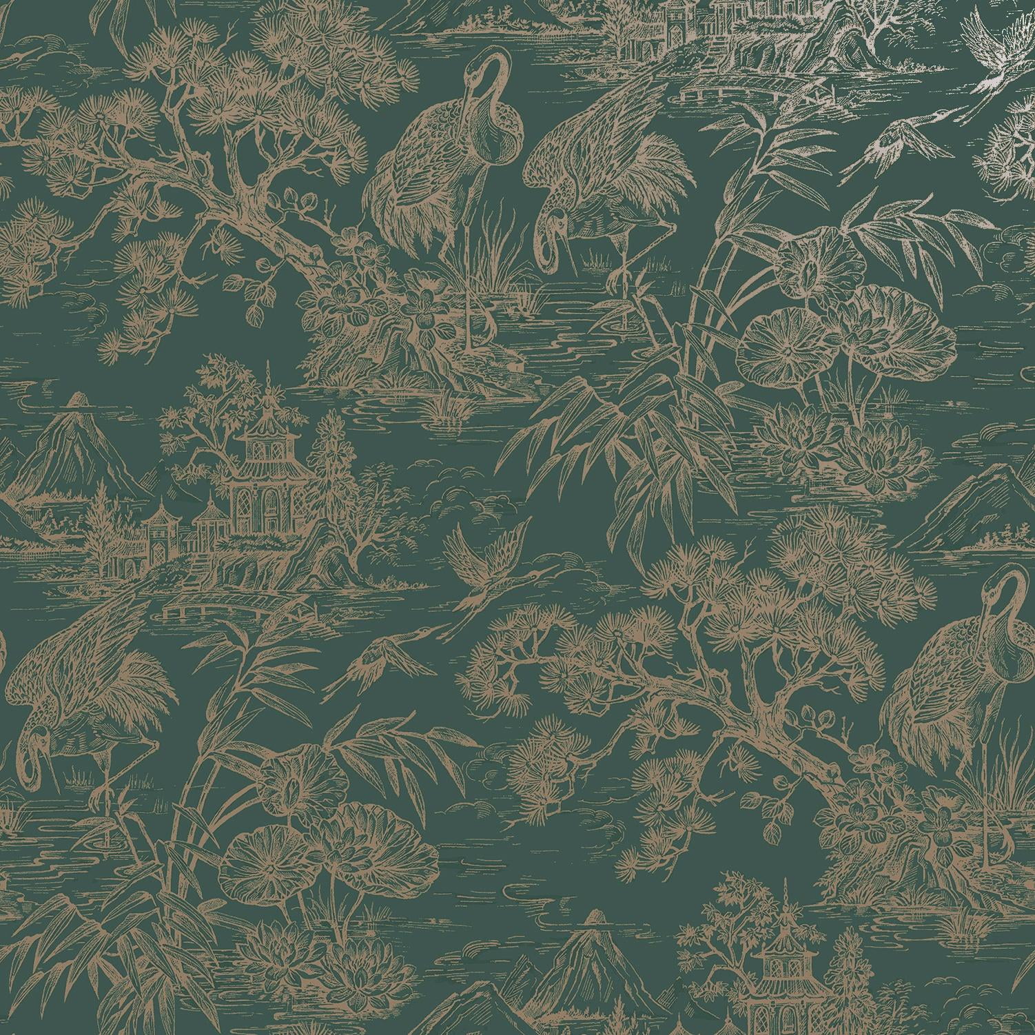 Aqua Gold Majestic Crane Tropical Wallpaper