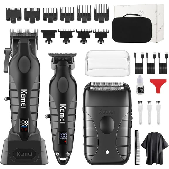 KEMEI Professional Hair Clippers for Men, Cordless Complete Barber Clipper T-Blade Trimmer Foil Shaver Set, Electric Hair Cutting Full Kit with 9 Guide Comes, USB Rechargeable, LED Display