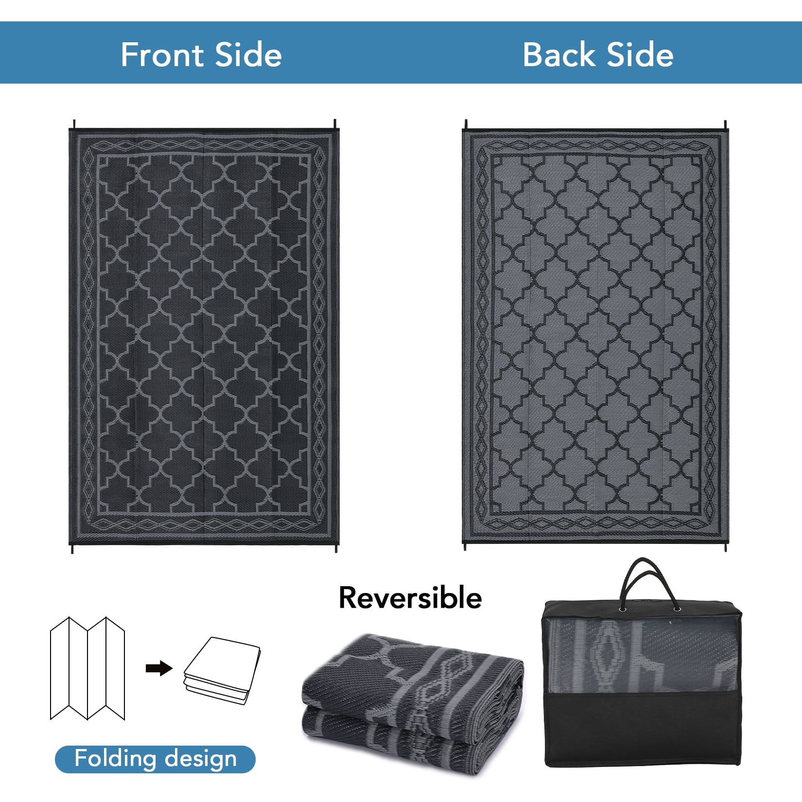 HIWEAVER 5' x 8' Black/Gray Outdoor Rug PP Plastic Straw Woven Waterproof Patio Rug with Border Portable Outside Carpet for Balcony Deck Picnic Garden Decor