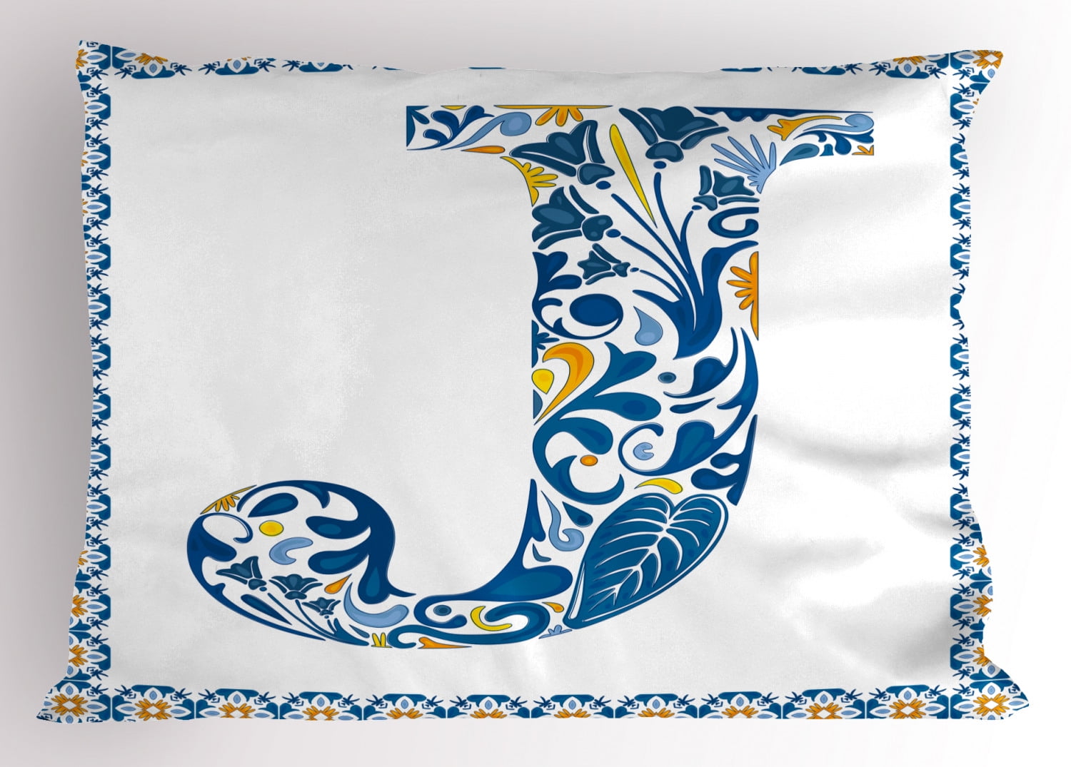 Letter J Pillow Sham Illustration of Capital Letter J in Flower Pattern