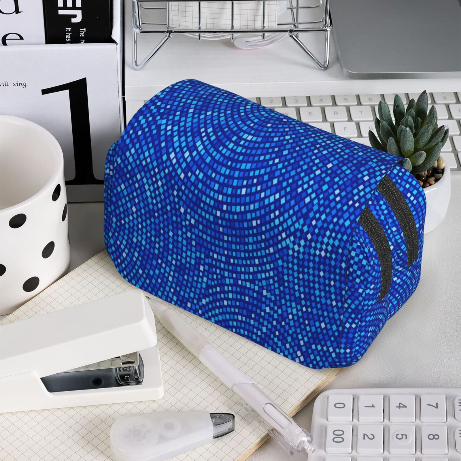 Rateoe Blue Circles Mosaic Pattern Double Clamshell Pen Case, Storage Organizer with Two Zipper Compartments– Holds Up to 50 Pencils & Pens