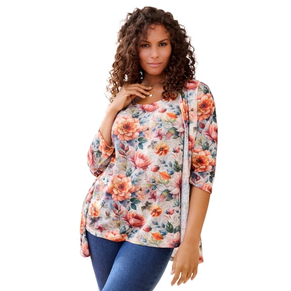 Roaman's Women's Plus Size Printed 2 Piece Tank And Cardigan Set