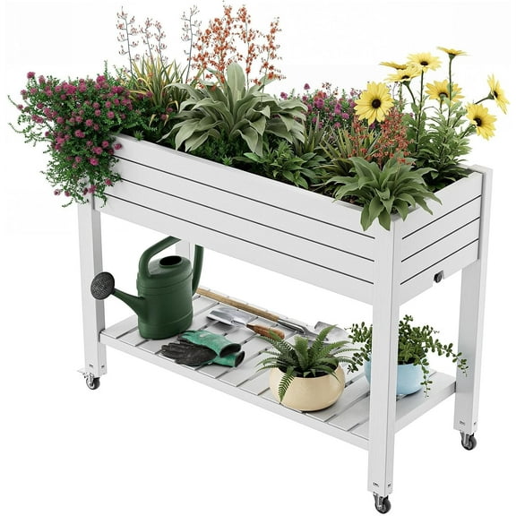 3.6×1.5×2.8FT Elevated Raised Garden Bed with Legs,Outdoor Large Resin Patio Planter Box Stand with Drain Plug,Water Monitor for  Vegetables Flowers Fruits(White)