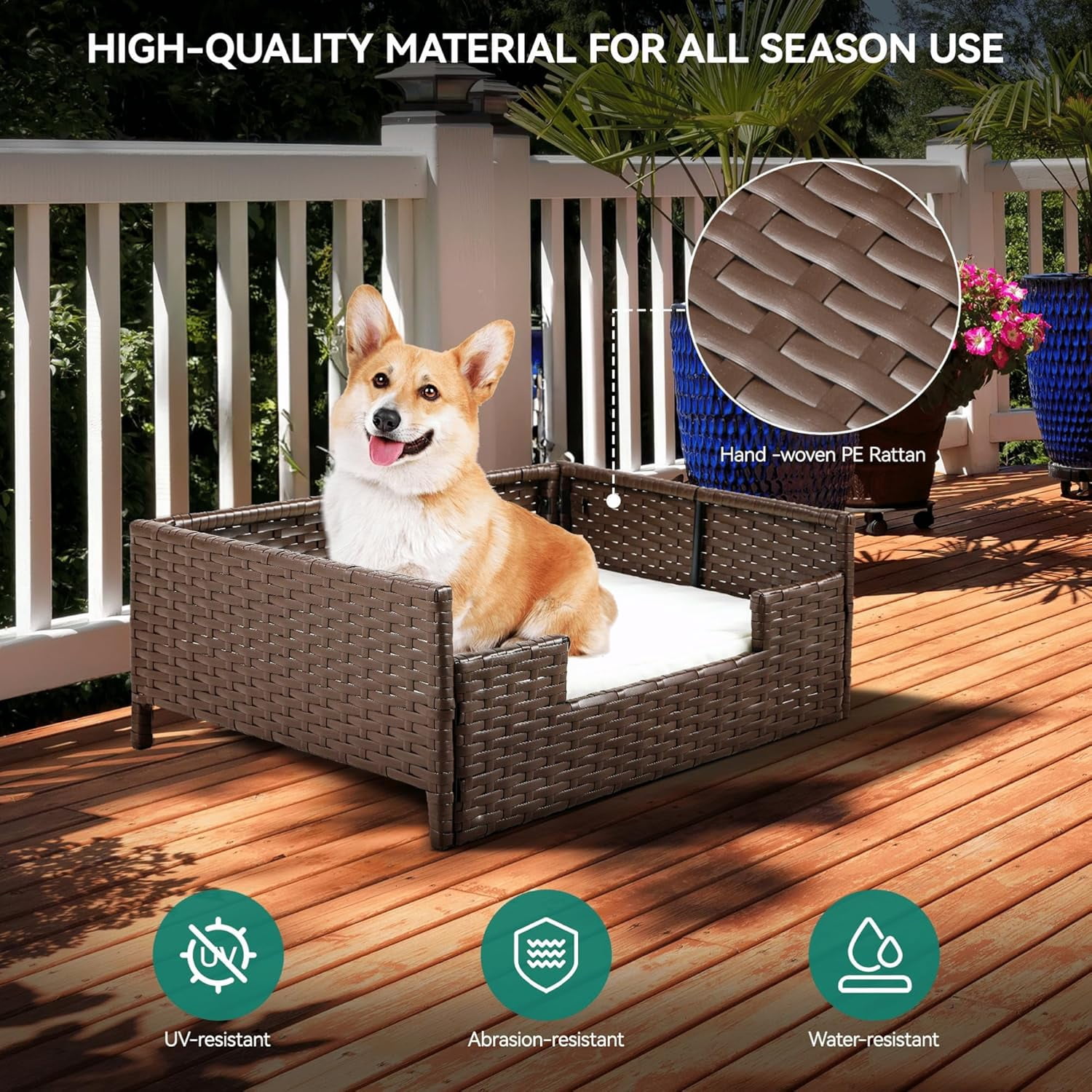 Rattan Pet Sofa Bed with Cushion, Wicker Dog Cat Bed Couch Indoor Outdoor Waterproof for Large Medium Small Pets, 34.6"L x 23.6"W x 11.8"H, Beige