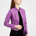 thumbnail image 4 of Defitshape Women's Faux Leather Jacket Winter Fashion Crop Moto Jackets & Coats Long Sleeve Fall Top Mock Neck Zipper Pocket Full Zip Short Jacket violet Medium, 4 of 5