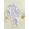 thumbnail image 3 of Arvbitana 0M 3M 6M 9M Infant Baby Girls Ruffle Footed Romper Striped Long Sleeve Footie Jumpsuit Zipper One Piece Bodysuit Headband Fall Winter Outfit 2Pcs, 3 of 9