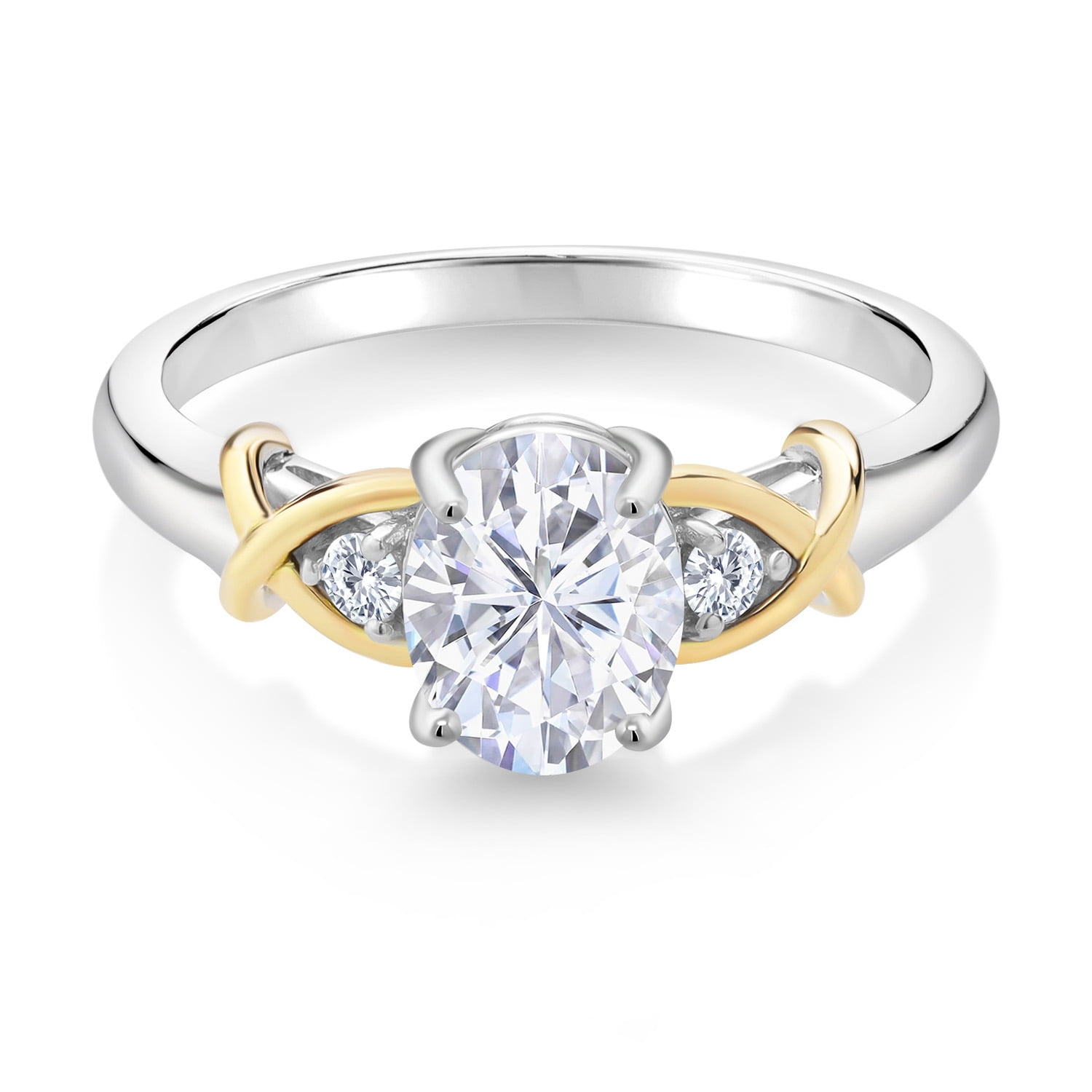 Gem Stone King 2 Tone 10K Yellow Gold and 925 Sterling Silver Moissanite and Lab Grown Diamond Ring | 1.58 Cttw | Available in Size 5, 6, 7, 8, 9