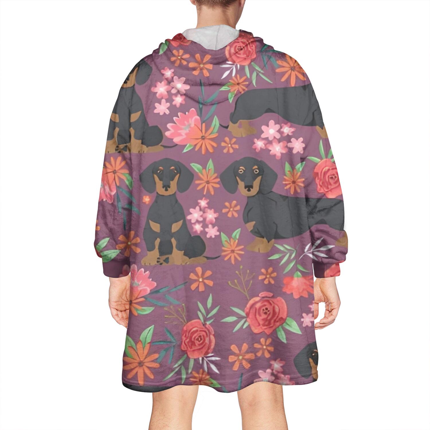 Dachshund Dog and Flower Floral Wearable Oversized Blanket,Wearable Blanket Hoodie for Adults,Cozy Hooded Blankets with Super Pockets,Super Warm Fuzzy Pullover for Women & Men