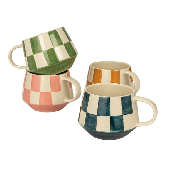 Creative Co-Op Stoneware Mug Set with Checkered Patterns, Multicolor, Set of 4