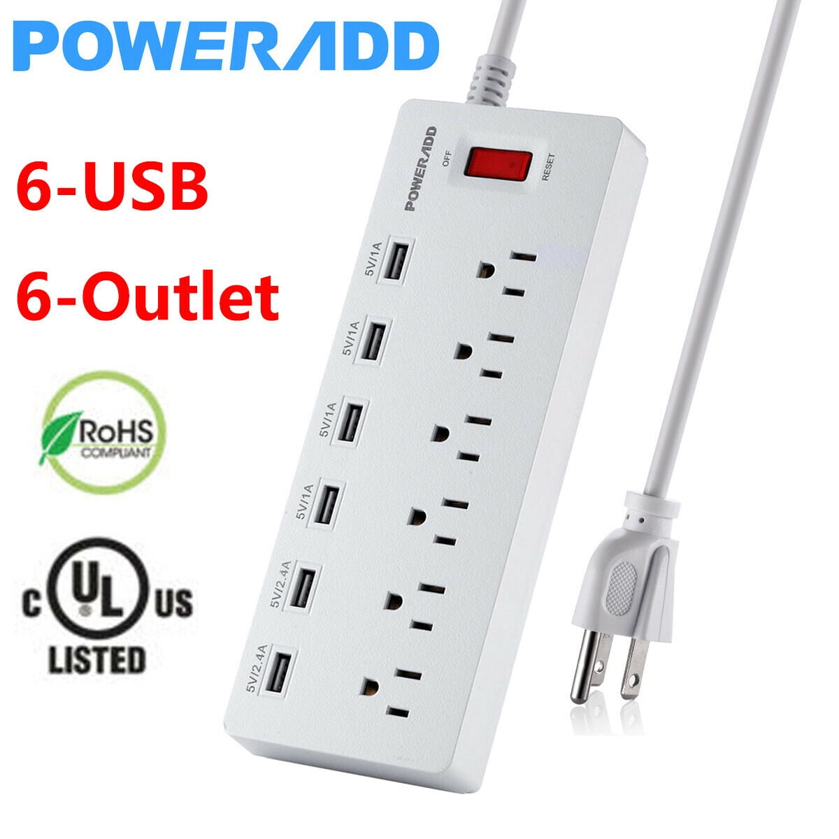 6ft 6 Outlet 3 USB Charging Port Power Strip With Surge Protector Lightningproof 