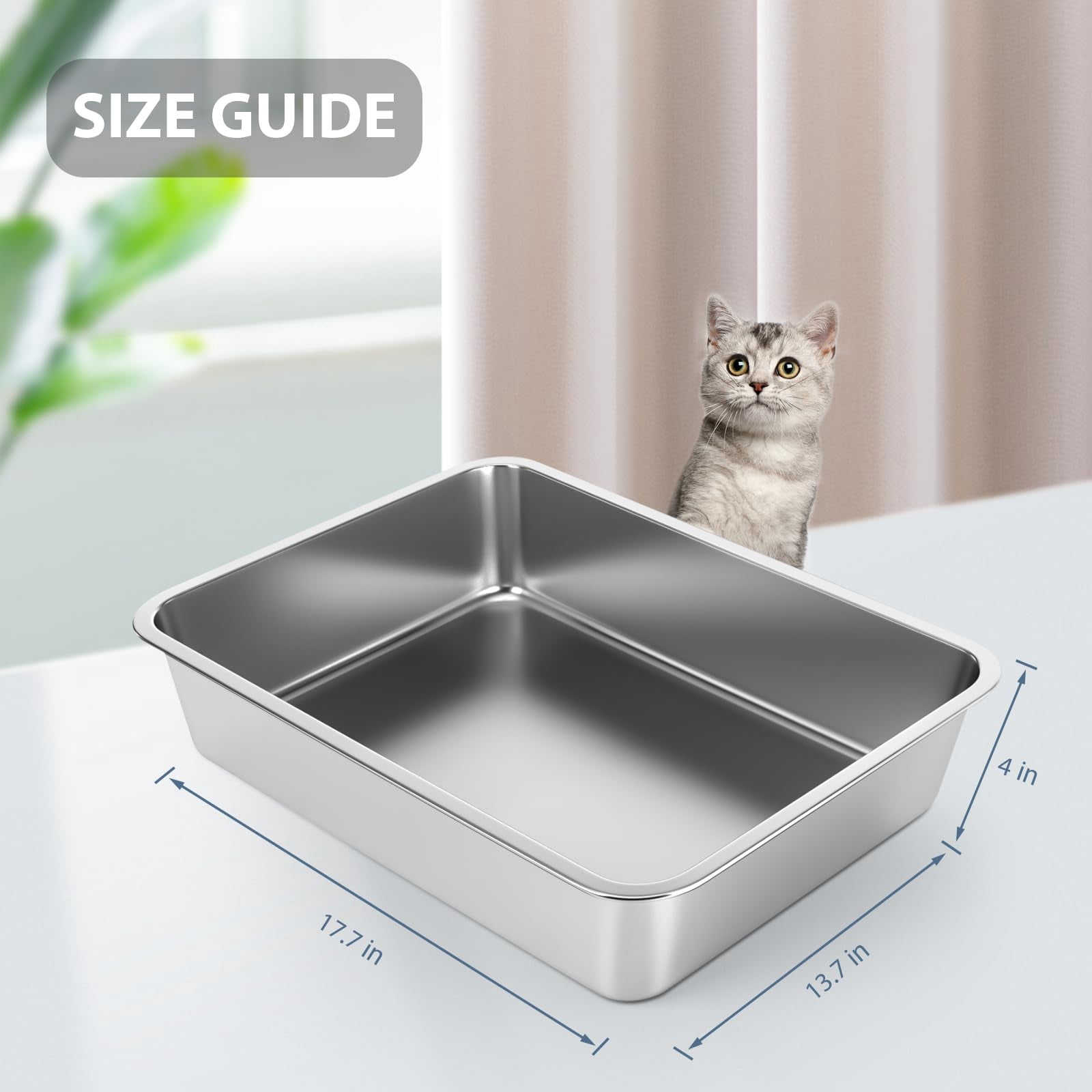 Stainless Steel Cat Litter Box - For Cats Easy To Clean  Never Absorbs Odor Stains Or Rusts (17.7" L X 13.5" W 4" H)