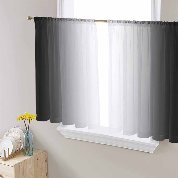 Sheer Curtains 45 Inches Long, Black Grey White Gradient Modern Abstract Art Light Filtering Window Curtains for Living Room, Black Ombre Rod Pocket Voile Sheer Curtain Drapes, 52"W x 45"L, 2 Panels