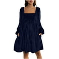thumbnail image 2 of Mifsaly Velvet Wedding Guest Dress Women Ribbed Square Neck Velour Elegant Dresses Loose Long Sleeve Evening Cocktail Party Gowns Travel Funny Festival Fashion Outfits Navy XXL, 2 of 9