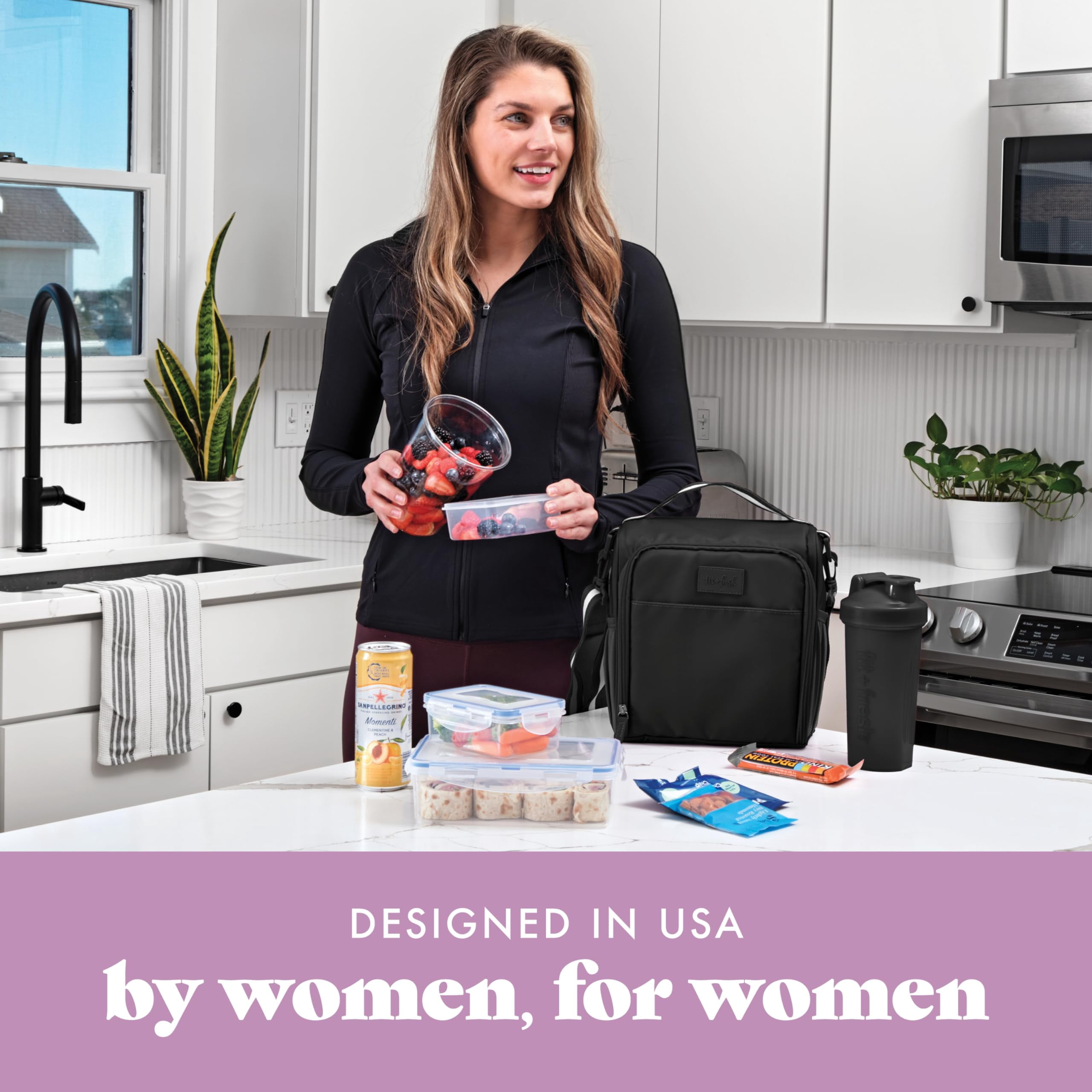 Fit + Fresh 6 pc Meal Prep Lunch Box With Containers, Ice Pack, and Shaker Bottle For Adults, Black