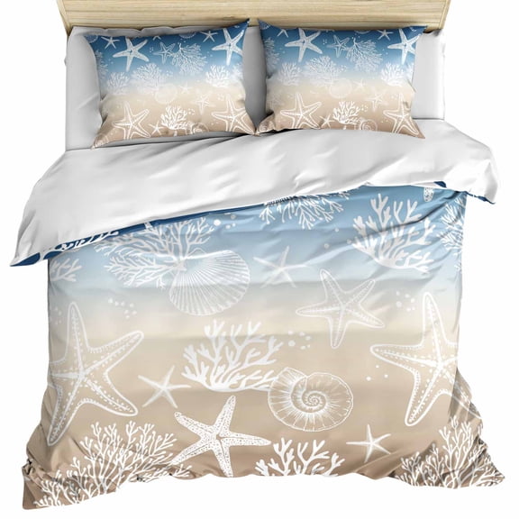 Blue Brown Ombre Coastal Bedding 3 Piece Duvet Cover Set Queen Size, Sea Nautical Summer Beach Starfish Coral Microfiber Comforter Cover with Zipper Closure & Pillowcases, FadeResistant Quilt Cover