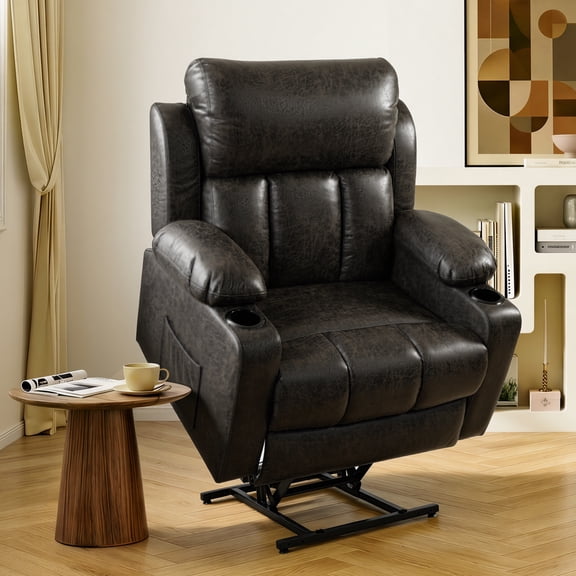 FLEXISPOT Power Lift Recliner Chair with Massage & Heat, Dual Motor Electric Lift Chair, Wide Seat Faux Leather Reclining Chair for Elderly, Soft Upholstered, Infinite Position, Living Room, L Size