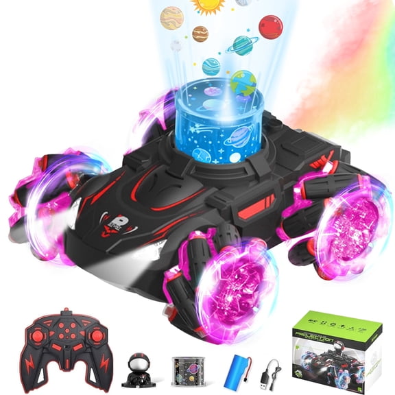 Lvelia Remote Control Cars,2.4Ghz RC Stunt Cars with Light Projection & 360° Flips & Spray, Rechargeable 4WD off Road Drift Toys for Kids Boys Christmas Birthday Gift