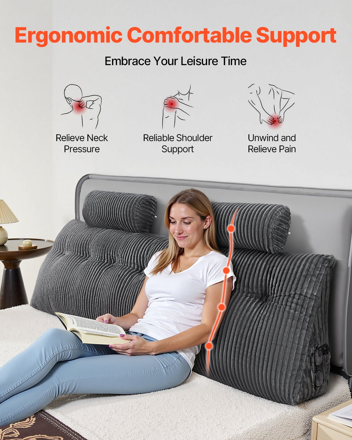 VEVOR Headboard Pillow, King Size Wedge Headboard Pillow with 2 Side Pockets and 2 Headrests, Bed Wedge Pillow for Reading, Gaming, Resting, Working in Bed, Grey