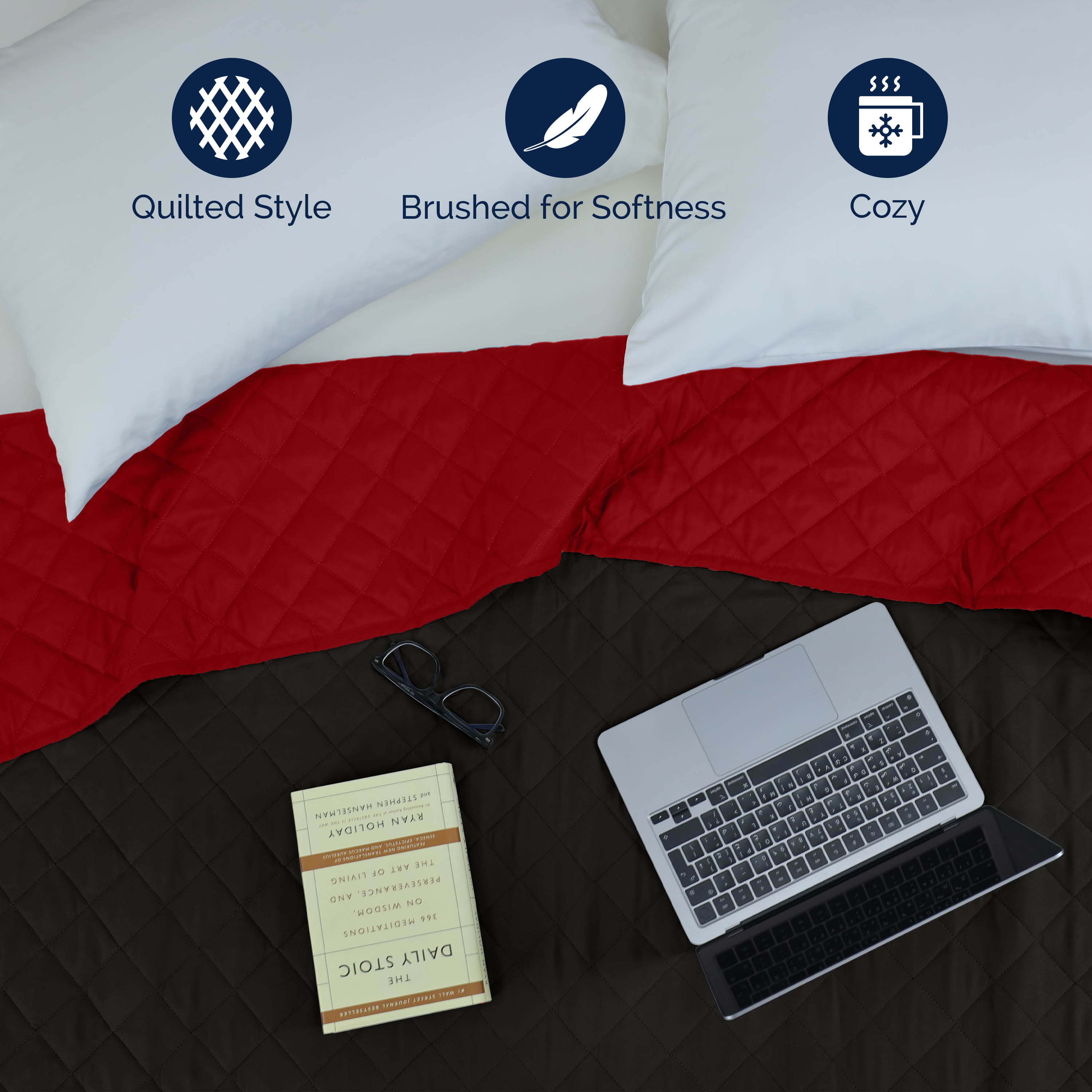 Martex Twin Reversible Coverlet | Lightweight Soft Easy Care Quilt | Ebony/Red