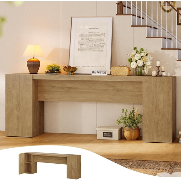 70.9-Inch Extra Long Console Table with 2 Storage Cabinet, Wood Sofa Table Behind Couch, Accent Entryway Table with Double Base for Living Room Hallway Foyer Entrance (Natural Oak)