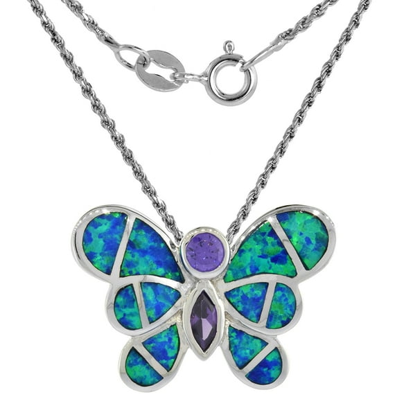 Sterling Silver Synthetic Opal Butterfly Necklace for Women Hand Inlay Amethyst CZ 1 inch 18 inch ROPH_25