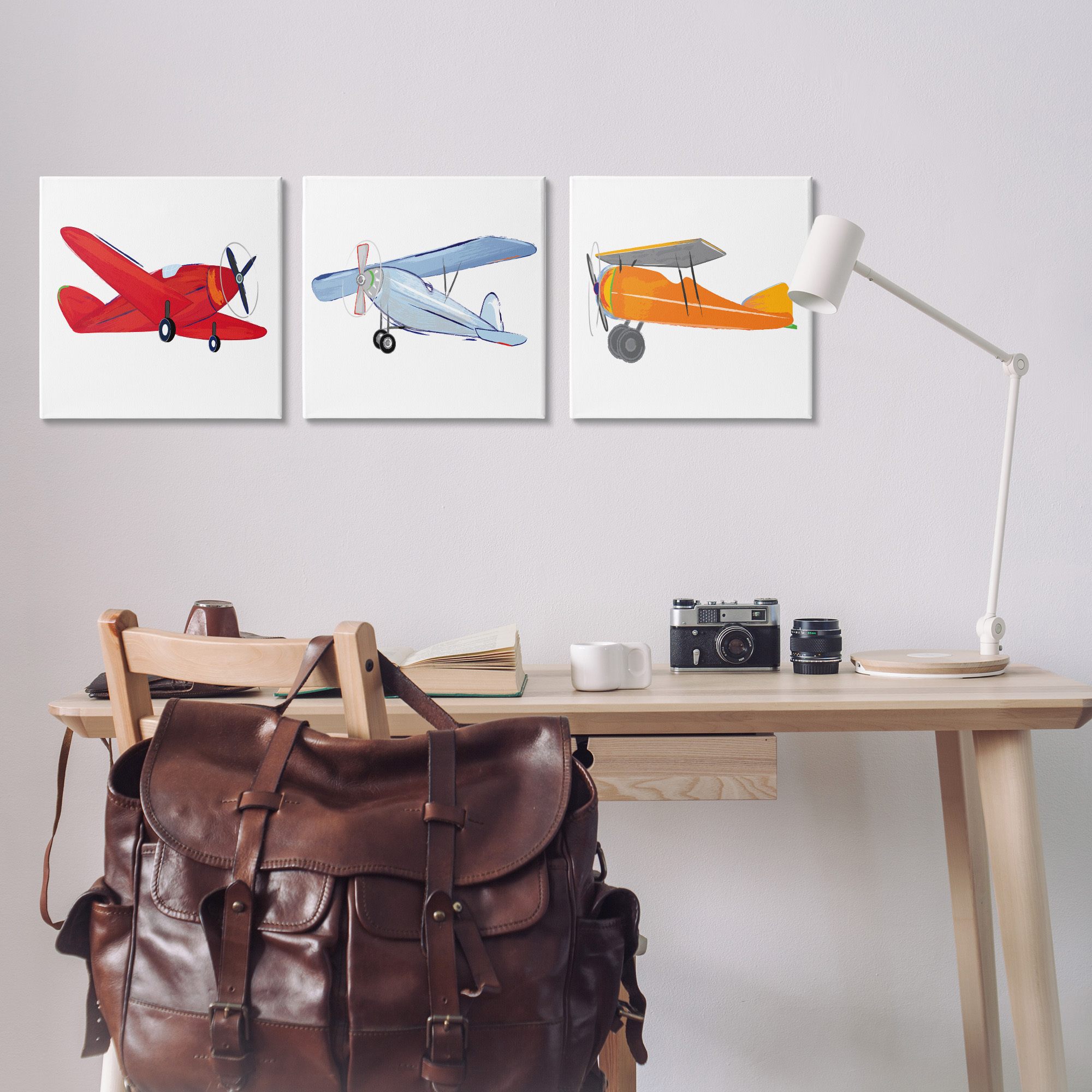 Stupell Industries Triple Colorful Airplanes Drawing Art for Kids Painting Gallery Wrapped Canvas Art Print Wall Art, 17 x 17, Set of 3