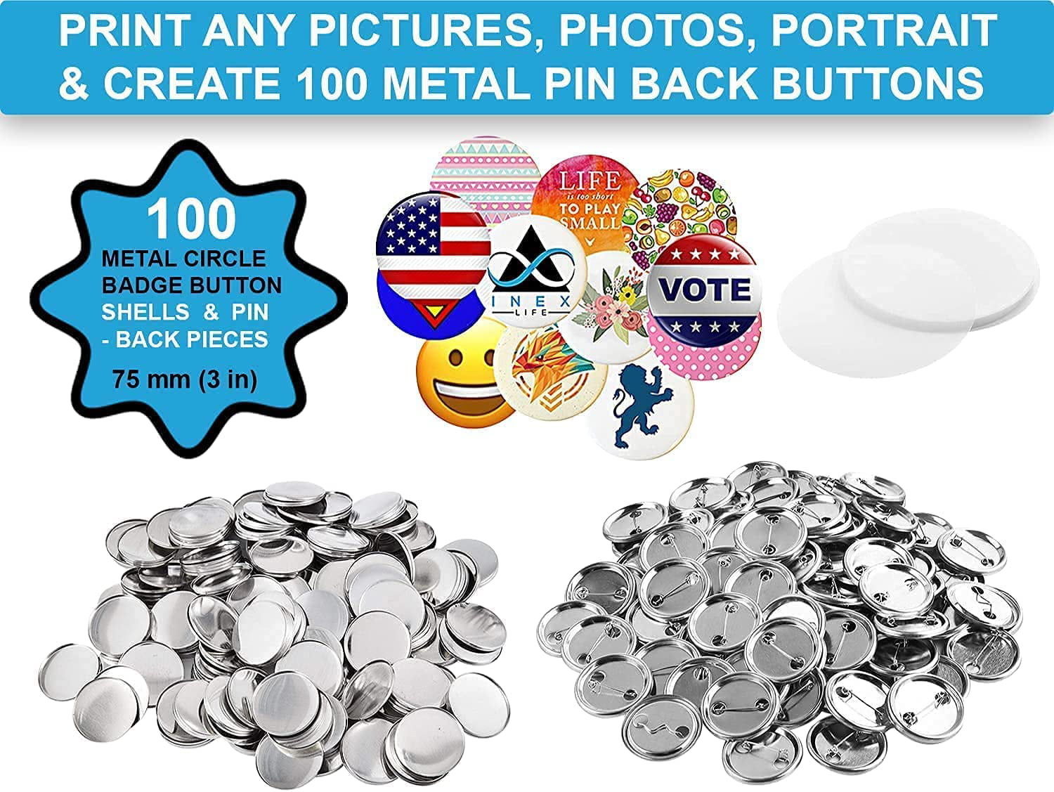 100 Sets of Pocket Mirrors Metal Button Supplies Button Parts 58mm/75m