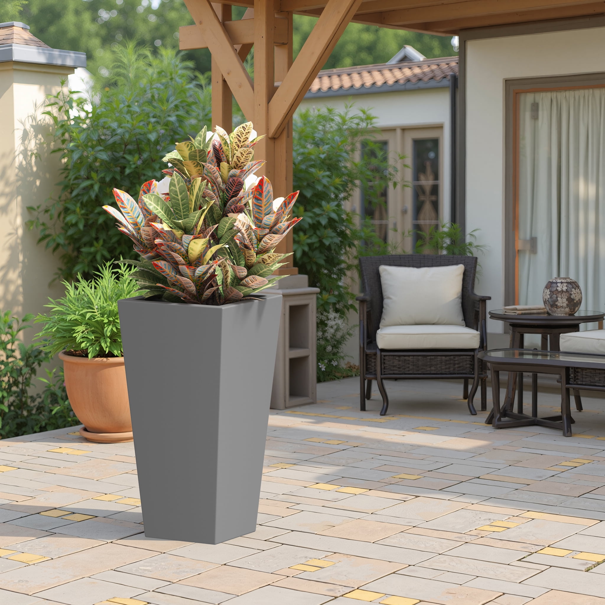 MAYEERTY 30*15*15" Gray Modern Metal Cone Planter with Drainage Hole for Outdoor Gardening, Patio & Balcony