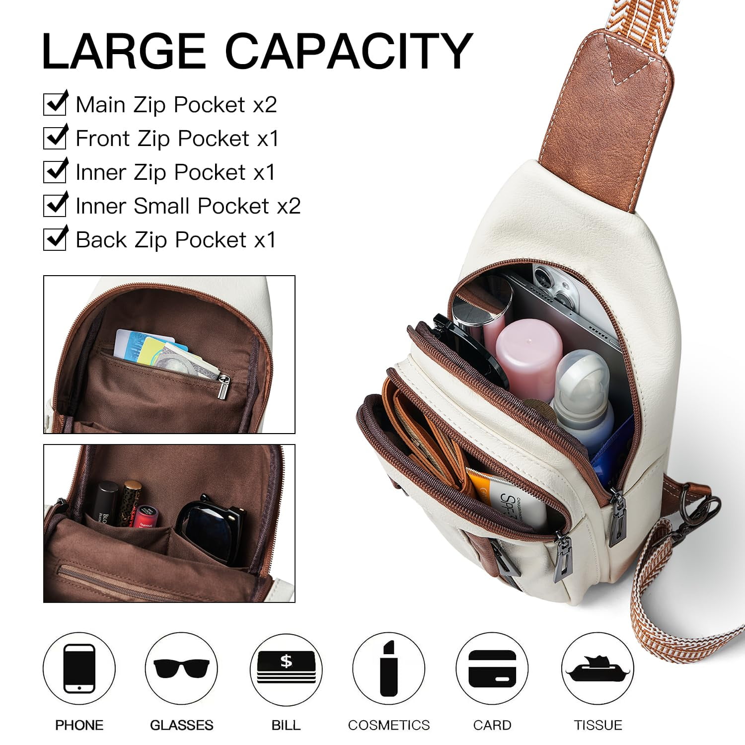 7L Sling Bag for Women & Men, Leather Anti-Theft Crossbody Backpack, Small Daypack Fanny Pack for Travel, Hiking, and Work