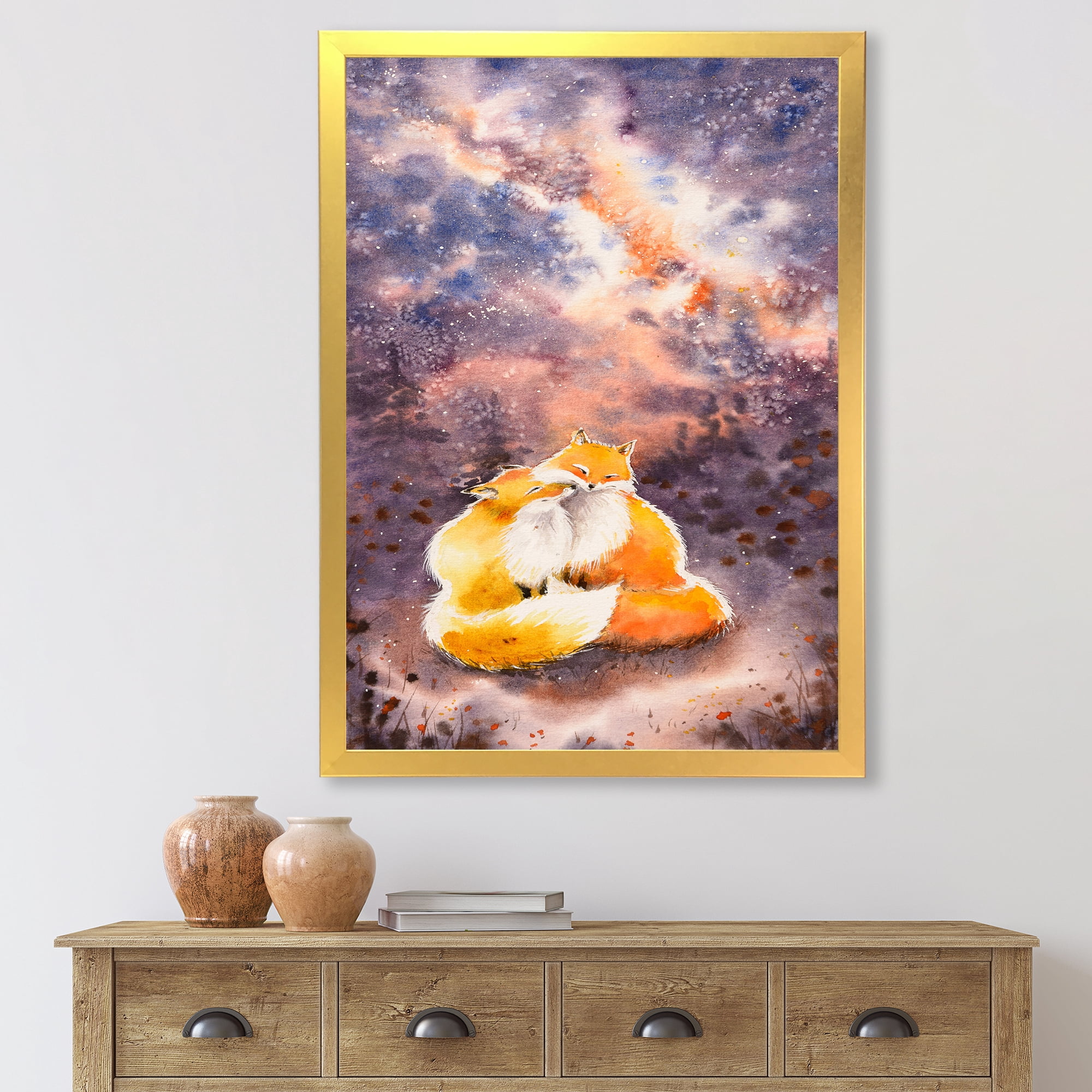 Designart 'Foxes Over A Night Sky Hugging ' Children's Art Framed Art Print