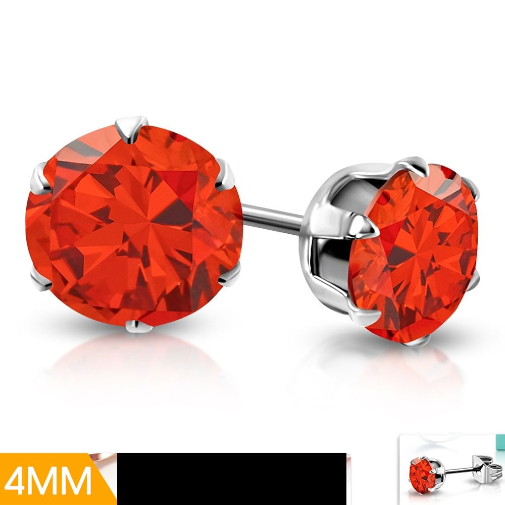 pair Stainless Steel Gold Color Plated Prong-Set Round Circle Stud Earrings with Orange Hyacinth CZ 