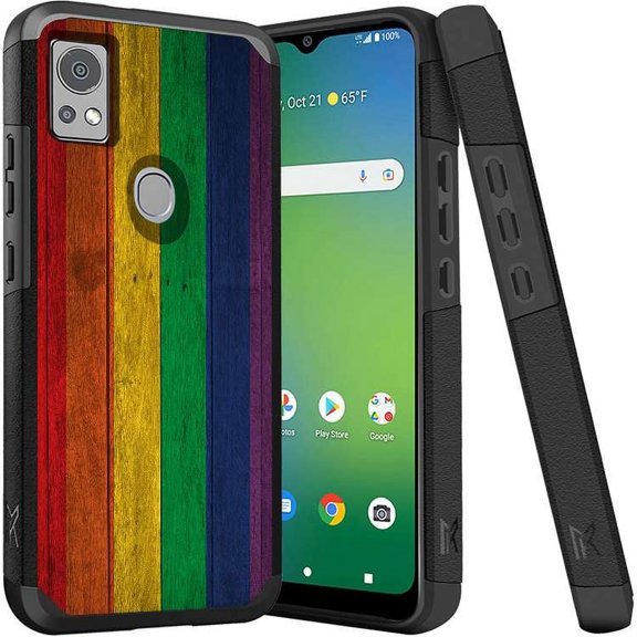 ANJ  Shockproof Dual Layer Slim Hard Case   Tempered Glass Cover Compatible with Icon 5, AT&T Motivate 4 - Rainbow Flag on Wood