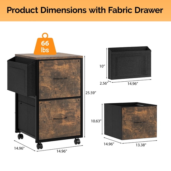 2 Drawer File Cabinet with Side Bag, Rolling Mobile Under Desk with Wheels, Fabric Drawers Printer Stand for Home Office, Fits Letter Size