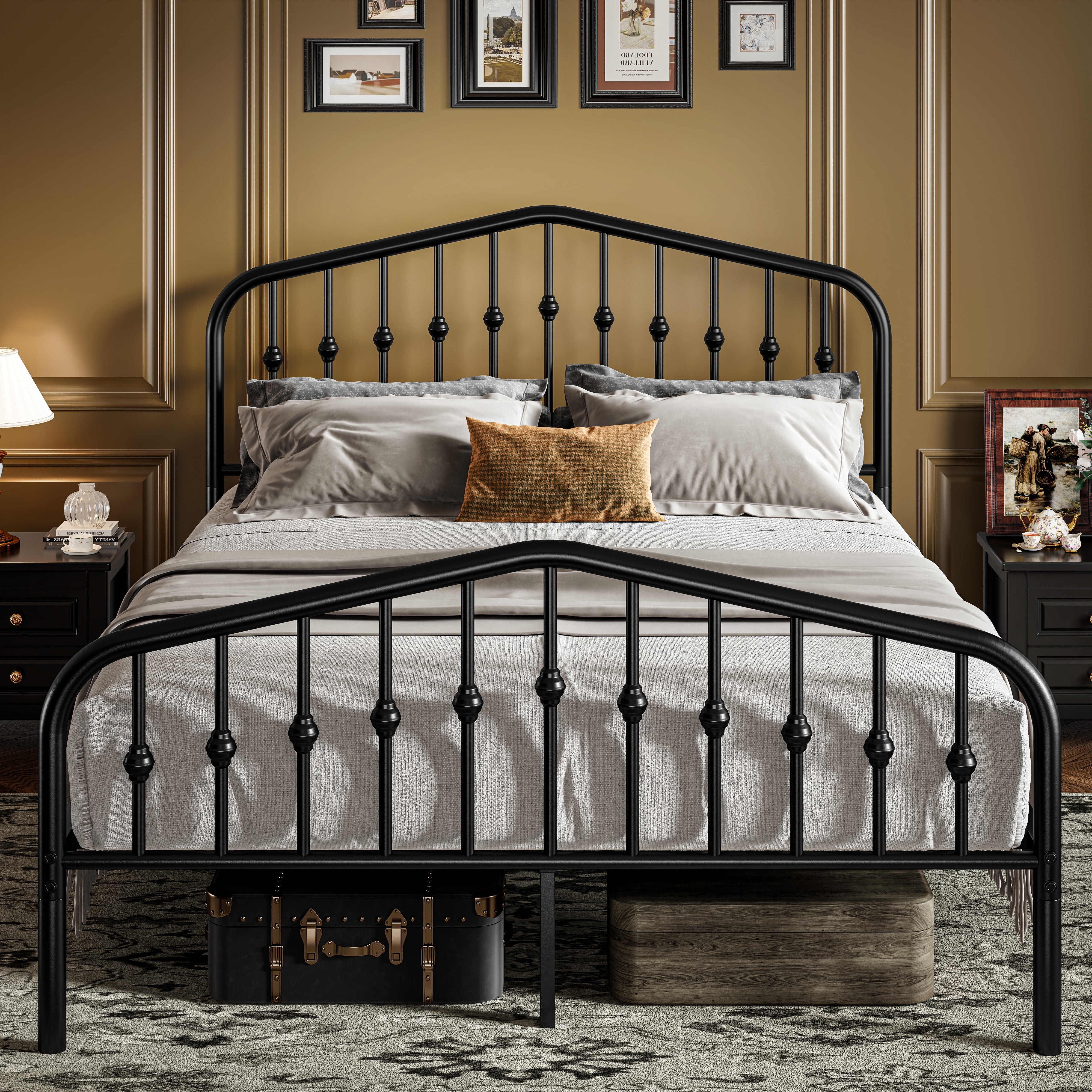 Sifurni Black Queen Size Metal Platform Bed Frame with Vintage Victorian Headboard & Footboard, Adult
