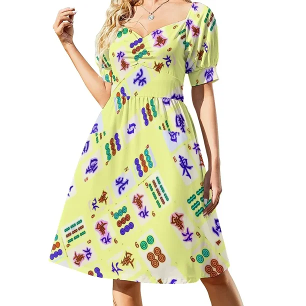Vestido largo de manga corta con estampado amarillo de Mahjong para mujer.