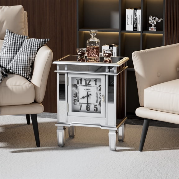 Mirrored Side Table Silver Clock End Table for Hallway Living Room Bedroom Sofa