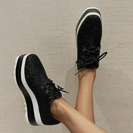 

Aayomet Fashion Sneakers Style Casual Thick-Soled British Women s Increased Shoes Fashion Platform Lace-Up Shoes Women s Black 9.5