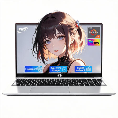 15.6" IPS FHD-Laptop, AMD Ryzen 5 8GB RAM 256GB SSD (Beat i5-1135G7, 4 Cores Up to 3.7GHz) with Fingerprint Backlit Keyboard Numpad 65W Type-C Fast Charging BT5.2 Windows 11