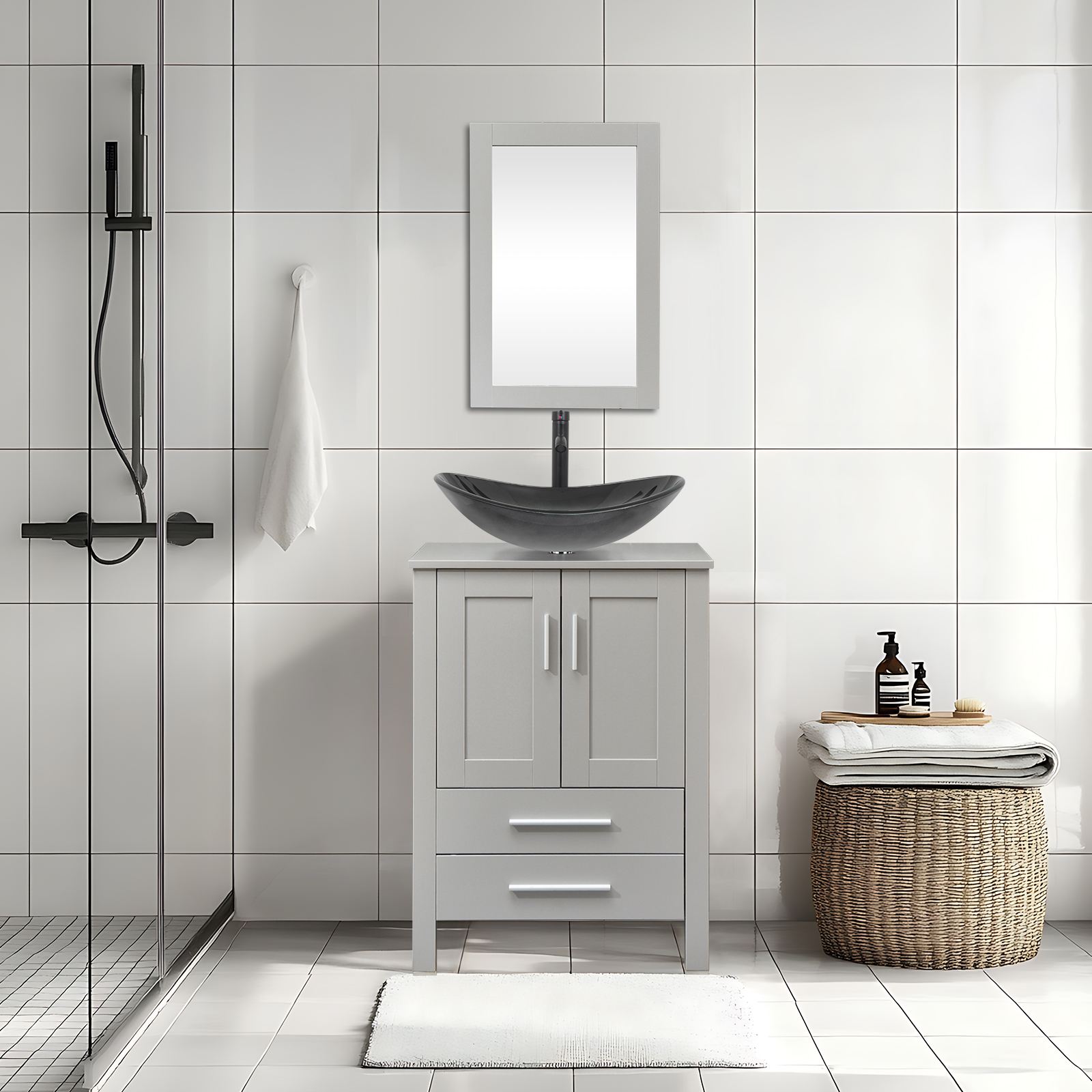 PULUOMIS 24'' Single Bathroom Vanity with Manufactured Wood Top with Mirror, Gray