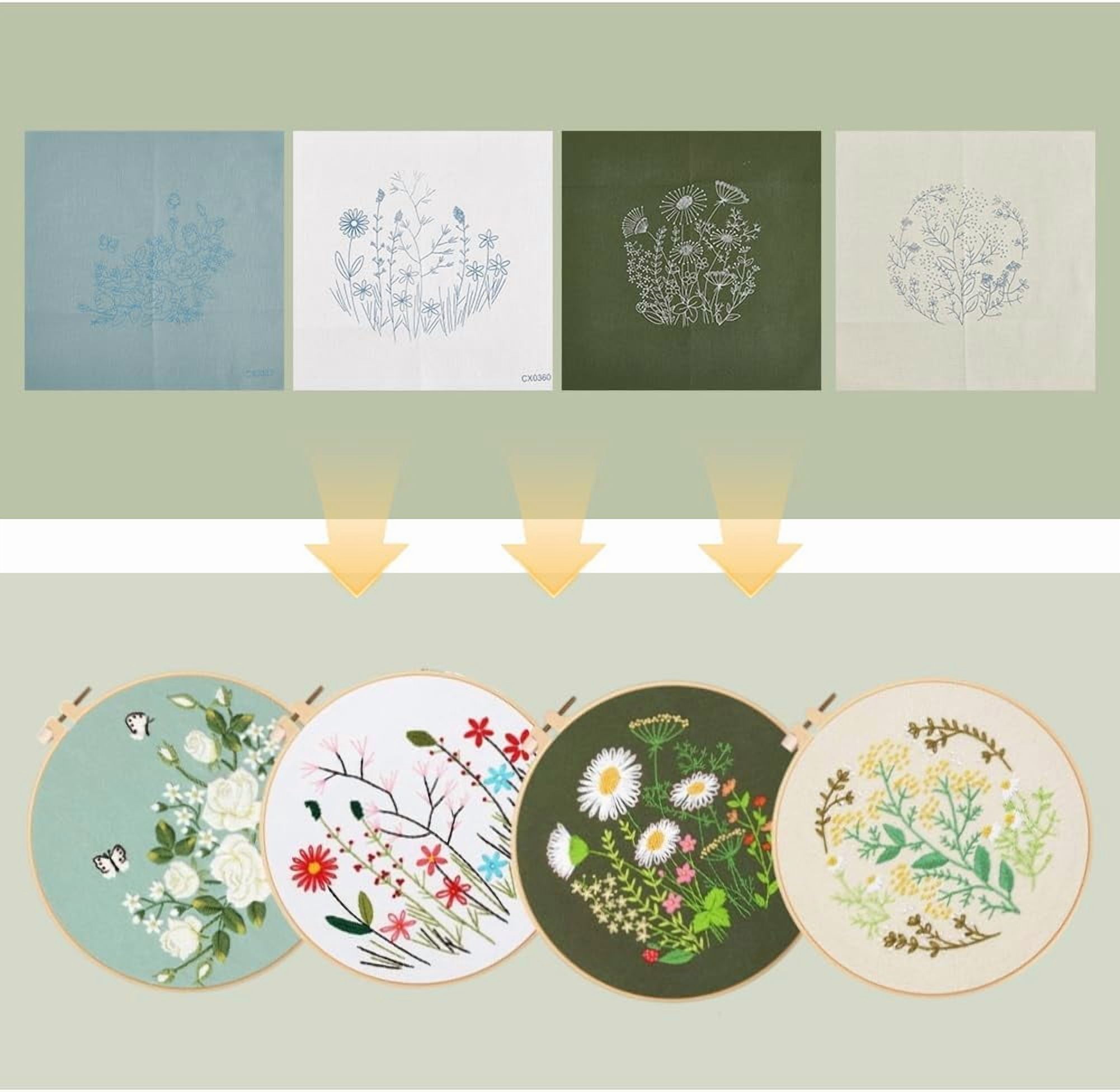 4 Sets Flower Embroidery Kit Floral Embroidery Pattern Spring Floral Plant Colorful with Cloth Hoop Threads Needles Sewing Skill Techniques Stamped Stitch Kits for Adult Beginners Craft 1set