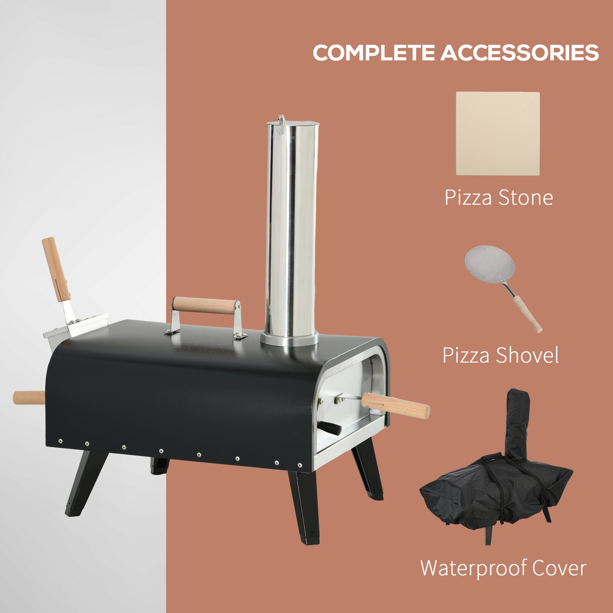 Outdoor Grill, Outdoor Pizza Oven with 12" Stone, Peel and Cover, Portable Pellet Wood Fired Pizza Maker with Foldable Legs, Stainless Steel Pizza Grill for Outside, Backyard, Outdoor Kitchen