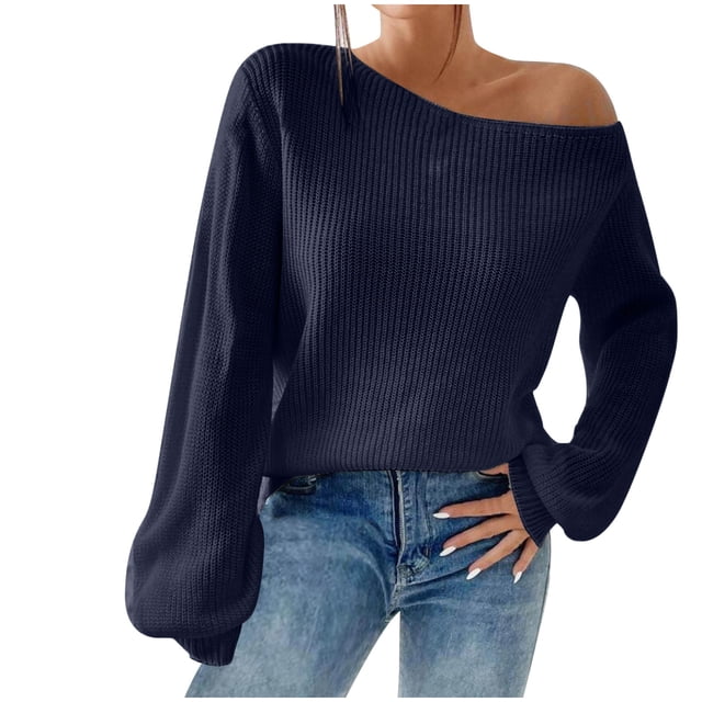 UAMVSH Off the Shoulder Sweaters for Women Trendy Going Out Party Tops Fall Ribbed Knitted Lantern Long Sleeve Pullover Sweaters(Small,Blue)