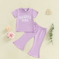 thumbnail image 2 of Pandaie Toddler Baby Girl Summer Clothes Short Sleeve T-Shirt Elastic Flare Pants Cute 2 Piece Clothes Infant Casual Yoga Sport Clothing Set 12M-4Y, 2 of 3