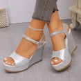 thumbnail image 5 of CYMMPU Women's Fish Mouth Open Toe Glitter Wedge Sandals, Adjustable Ankle Strap Platform Heels, Fashion Summer Casual Outdoor Beach Shoes Silver 36, 5 of 9
