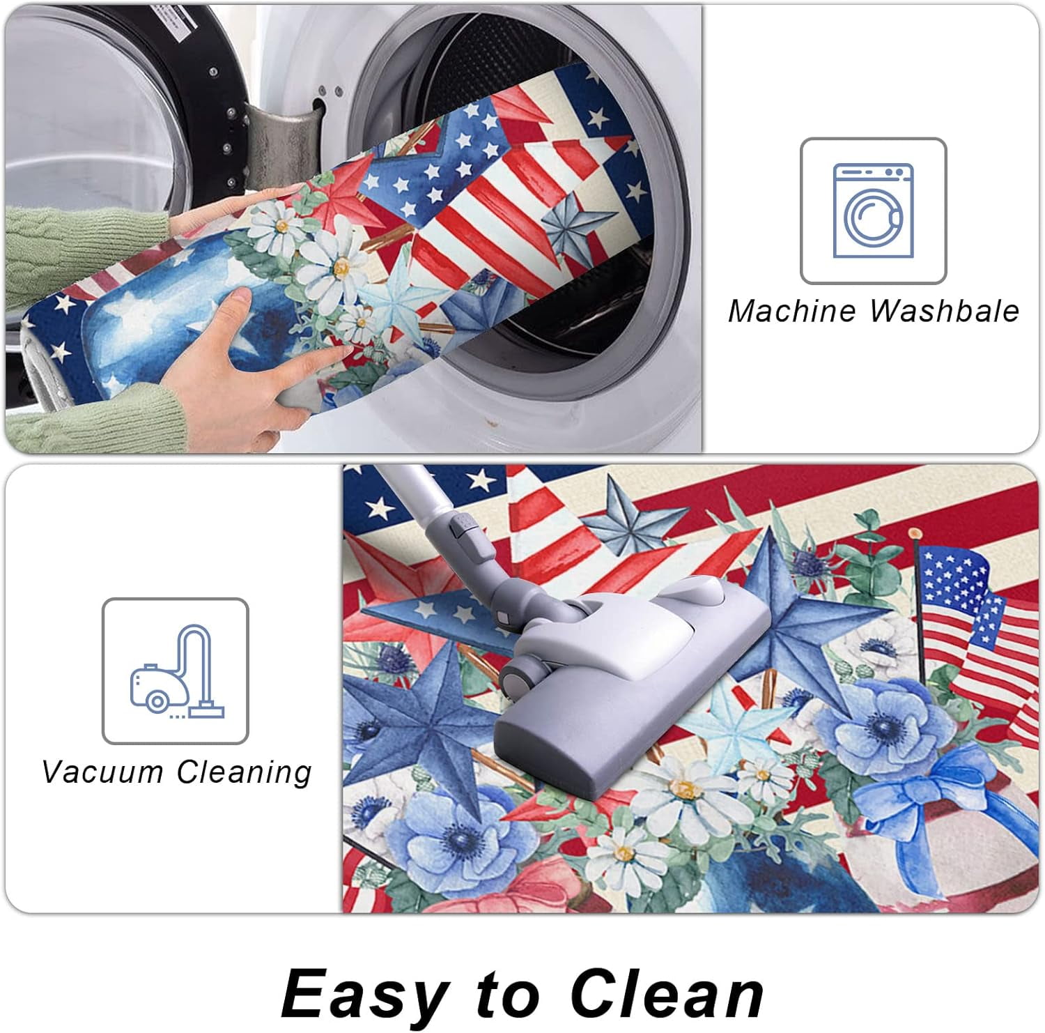 Memorial Day Kitchen Rugs and Mats Set of 2, America Poppy Floral in Bottle Non-Slip Floor Doormat Comfort Area Runner Rug and Mat, Star Striped Indoor Entrance Carpet Home Decor