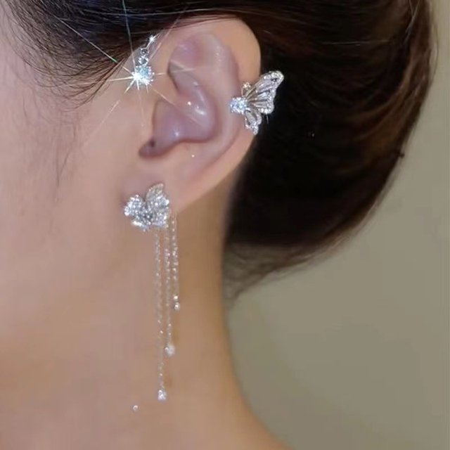 Pendientes de borlas con diseño de mariposas y flores de diamante superbrillantes y sencillos para damas, sin agujeros para las orejas