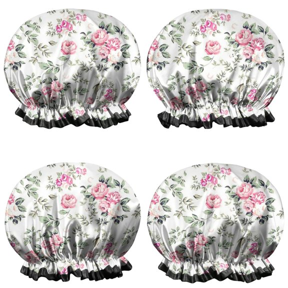 Shower Caps,Pioneer Flower Floral Print Pattern Waterproof Shower Cap for Women 4 Pieces,Double Reusable Hair Cover for Shower PEVA Elastic Stretch Hem